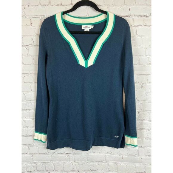VINEYARD VINES wool cotton blue logo V-neck contrast trim sweater pullover S - Picture 1 of 8
